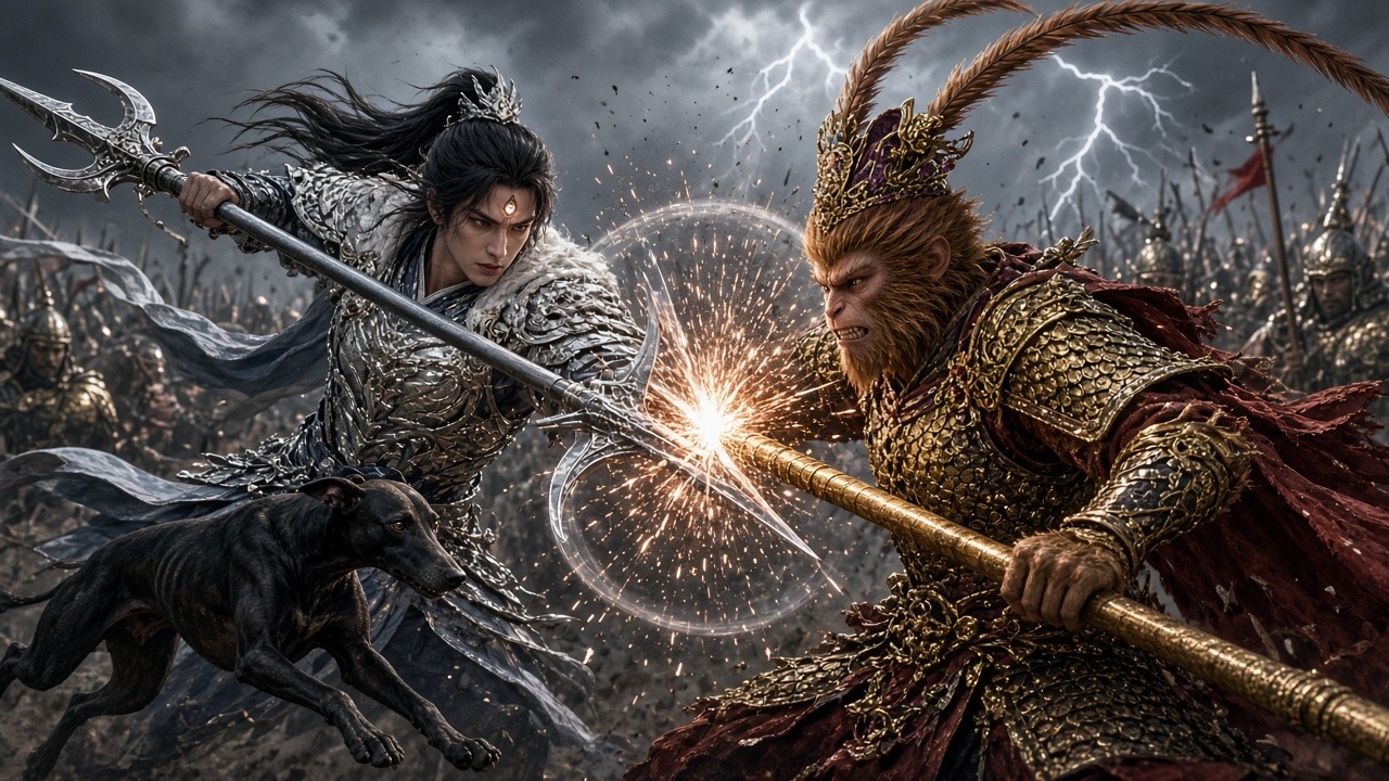 Erlang Shen in silver armor, his three-pointed spear striking sparks off Sun Wukong's golden staff as the two clash at close quarters, his great black hound lunging at his side beneath a lightning-split sky