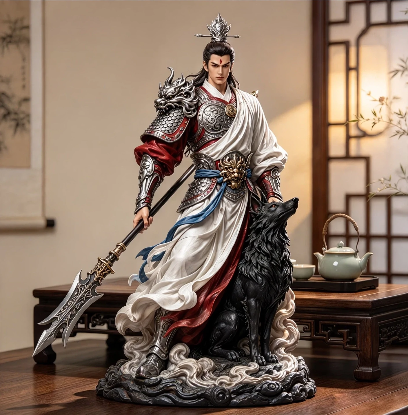Collectible figure of Erlang Shen in a white robe over silver scale armor, dragon-crested pauldron, holding his three-pointed spear, his great black hound seated at his side