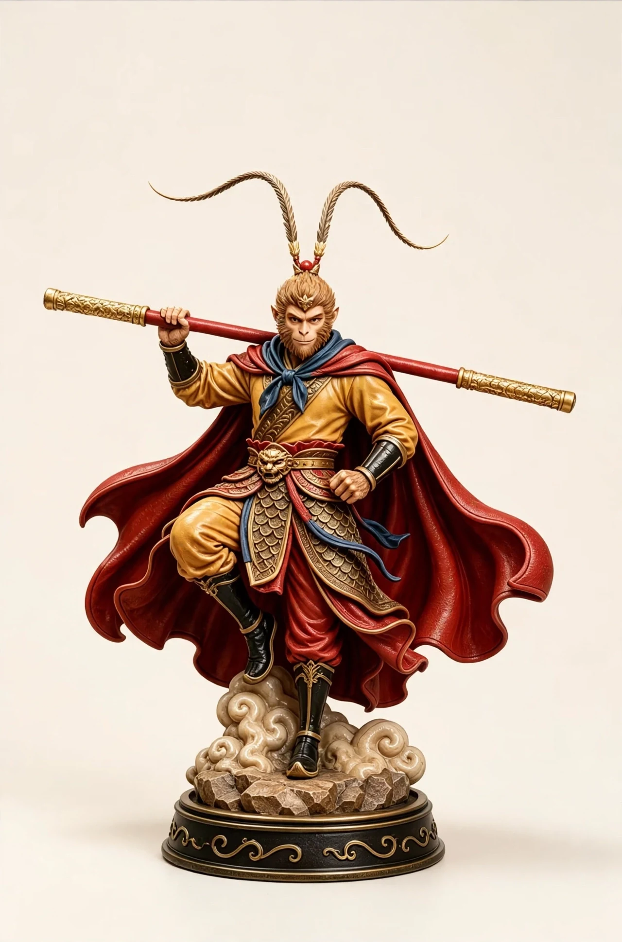 Collectible figure of Sun Wukong standing tall — golden robe and flowing red cape, pheasant-plume crown, his red staff with gold-banded ends resting across his shoulders, on a carved cloud base