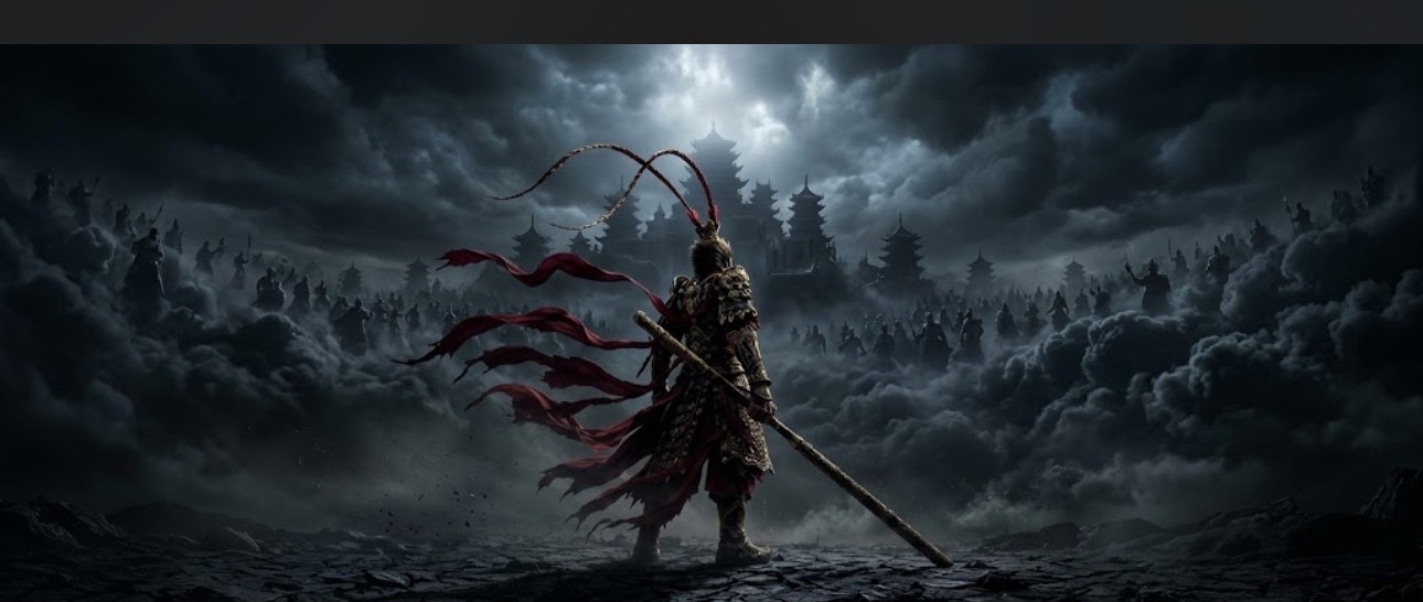 Sun Wukong seen from behind, standing alone at the center of a dark battlefield, staff trailing in his hand and long deep-red ribbons streaming from his crown in the wind, facing an army of heavenly soldiers massed in storm clouds before a distant celestial palace