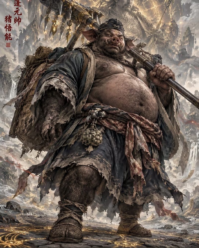 Portrait of Zhu Bajie — a stout pig-faced pilgrim in an open grey-black robe and black headcloth, his nine-toothed rake over his shoulder, grinning broadly