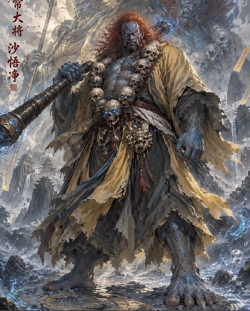 Portrait of Sha Wujing — a blue-grey-faced pilgrim with wild red hair and a necklace of skulls, in coarse cloth and beast-skin, calm and steady