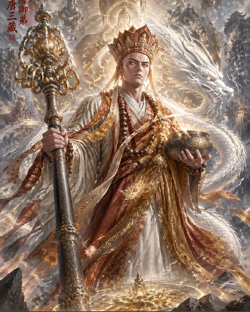 Portrait of Tang Sanzang, the master — a serene young monk in a white robe and woven-gold kasaya, wearing a golden monk's crown and holding his ringed staff