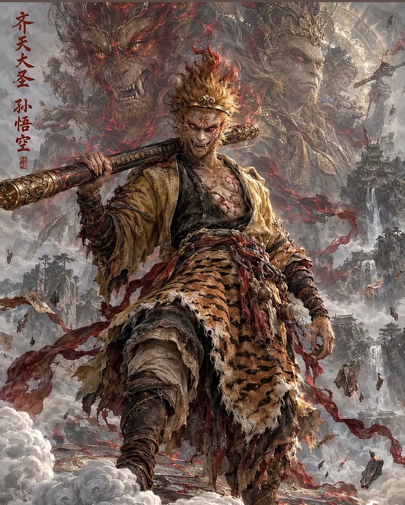Portrait of Sun Wukong, the Monkey King — fiery-maned, in a worn pilgrim's robe and tiger-skin skirt, his gold-banded staff resting across his shoulder