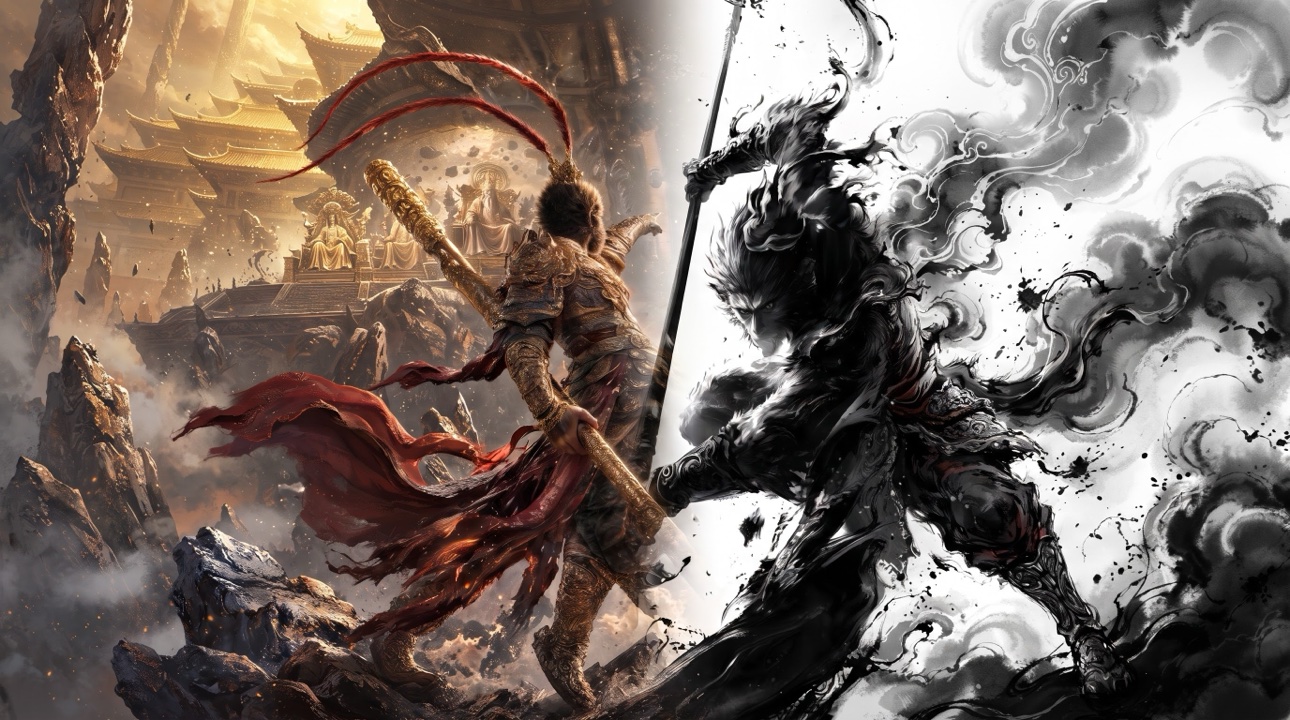 Sun Wukong in two forms, side by side — on the left in full colour, golden armour and flowing red sash, his back to us as he faces the golden palaces of Heaven; on the right the same figure rendered as a black ink-wash spirit lunging out of swirling grey smoke